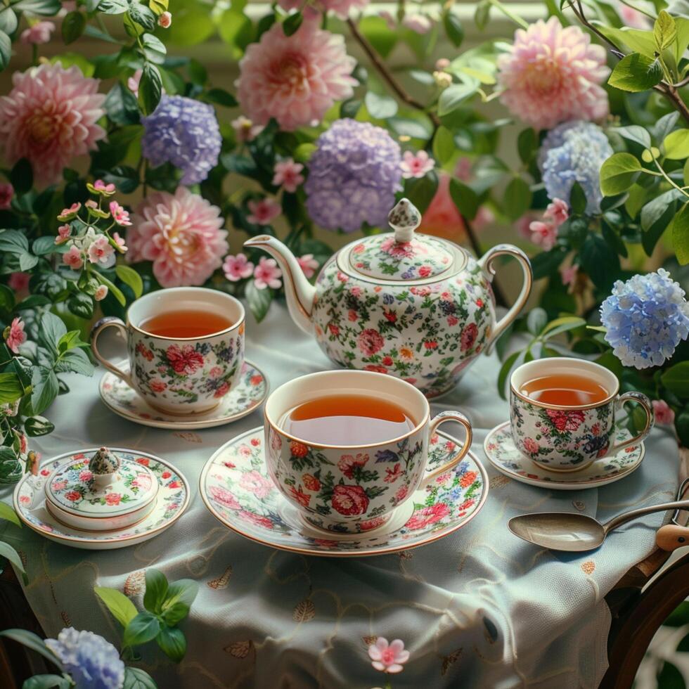 ai généré photo thé ensemble avec élégant floral vaisselle accompagné par magnifique fleurs pour social médias Publier Taille