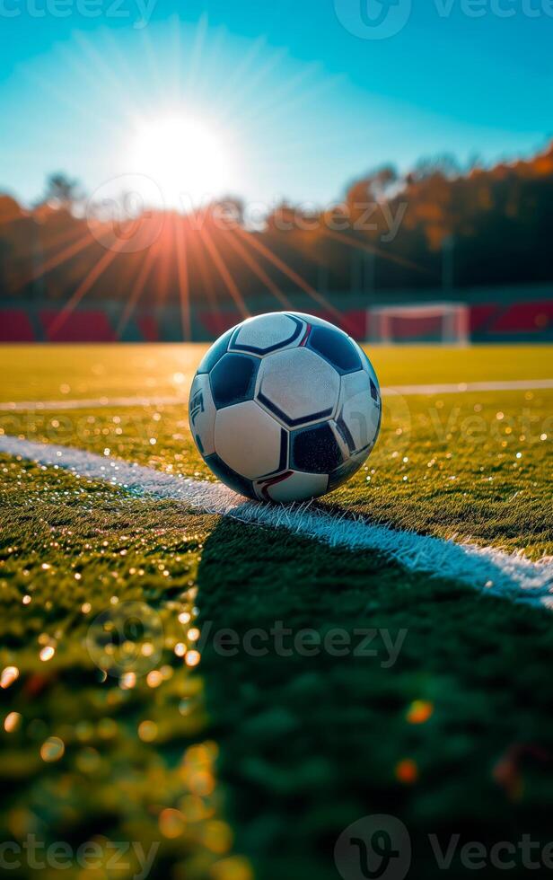 ai généré football Balle sur vert champ. européen Football bannière concept avec vide espace pour texte et promotion. photo