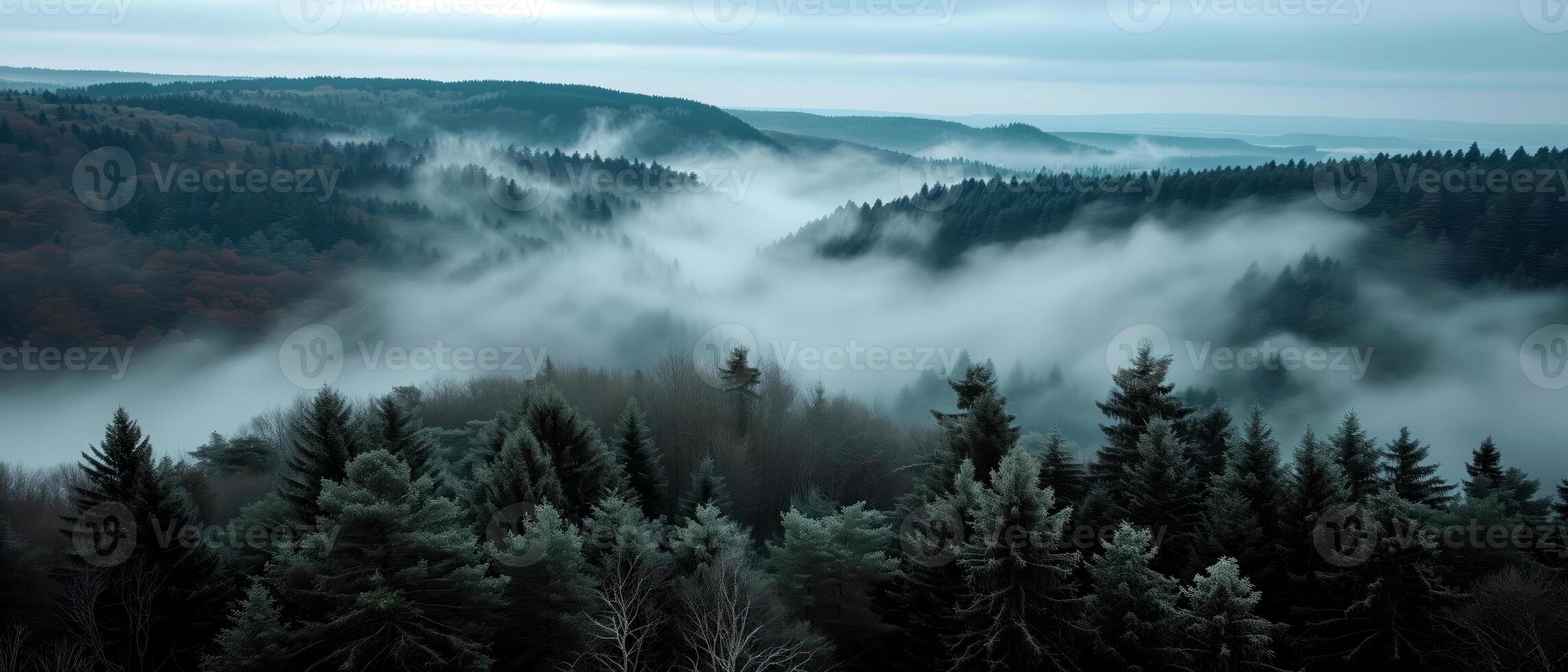 ai généré paysage photo de sapin brumeux forêt avec brouillard. Naturel esthétique vue pour environnement conscience.