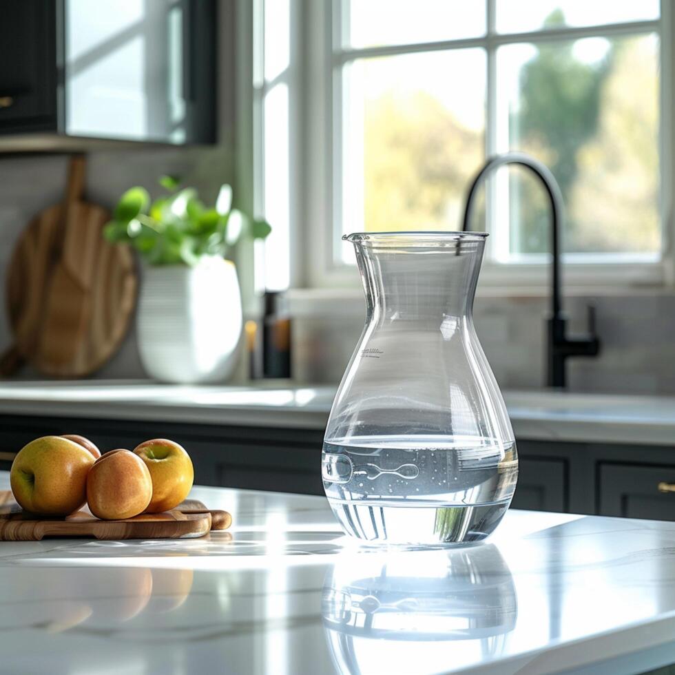 ai généré nettoyer l'eau la source verre carafe fournit pur en buvant l'eau dans cuisine pour social médias Publier Taille photo