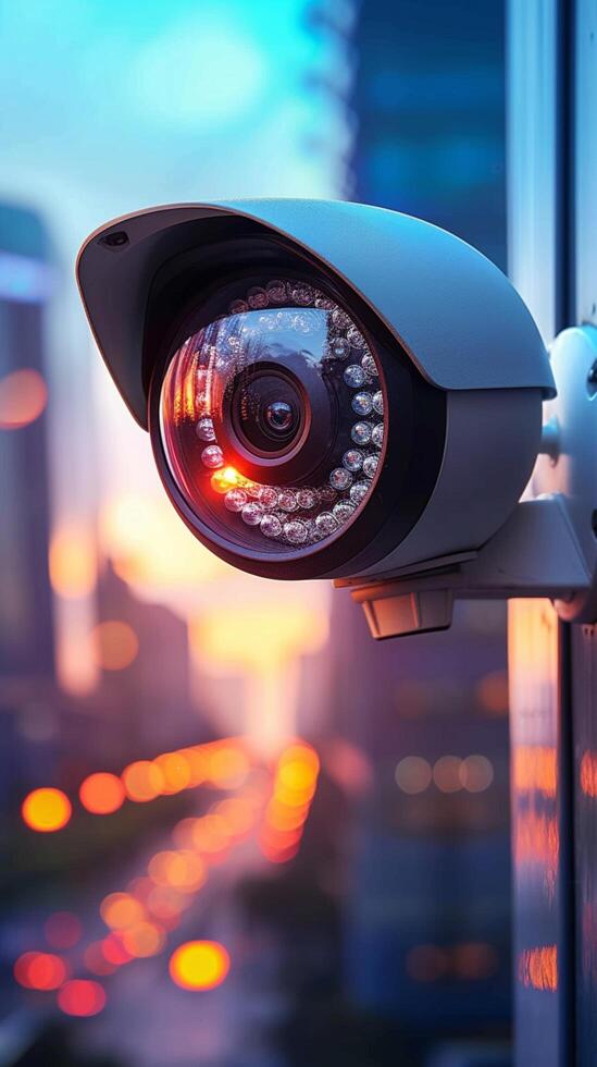 ai généré surveillance locaux Sécurité caméra installée sur fenêtre avec bokeh Contexte verticale mobile fond d'écran photo