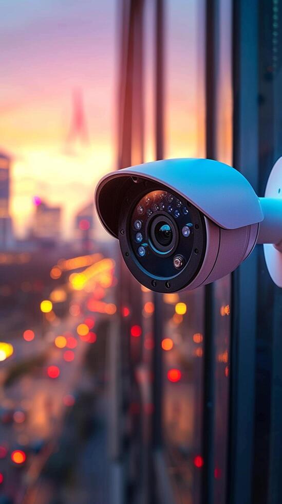 ai généré surveillance locaux Sécurité caméra installée sur fenêtre avec bokeh Contexte verticale mobile fond d'écran photo