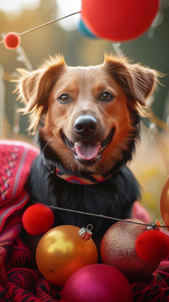 ai généré de fête velu ami chien jouit festivités parmi coloré décorations verticale mobile fond d'écran photo