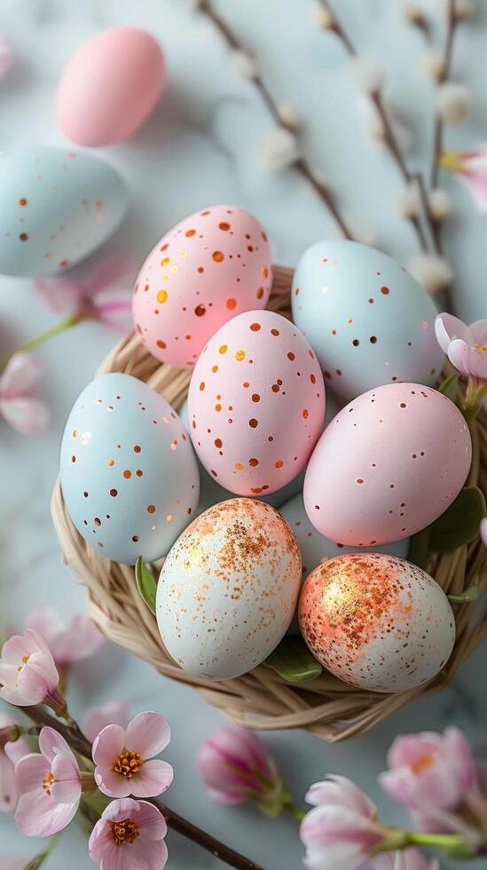 ai généré printemps délice Pâques des œufs dans pastel teintes évoquer joyeux fête verticale mobile fond d'écran photo