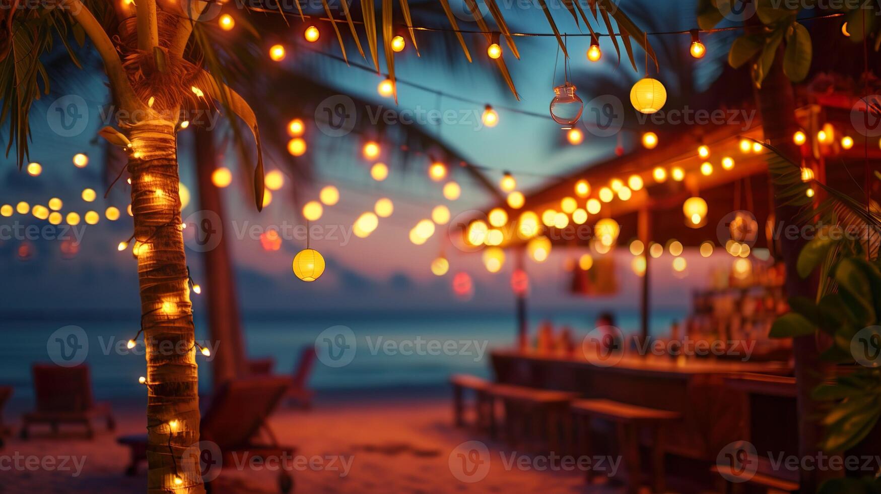 ai généré flou plage bar Haut Contexte à le coucher du soleil. chaises, paume des arbres, chaud chaîne lumières, avec océan vagues et une coloré ciel. photo