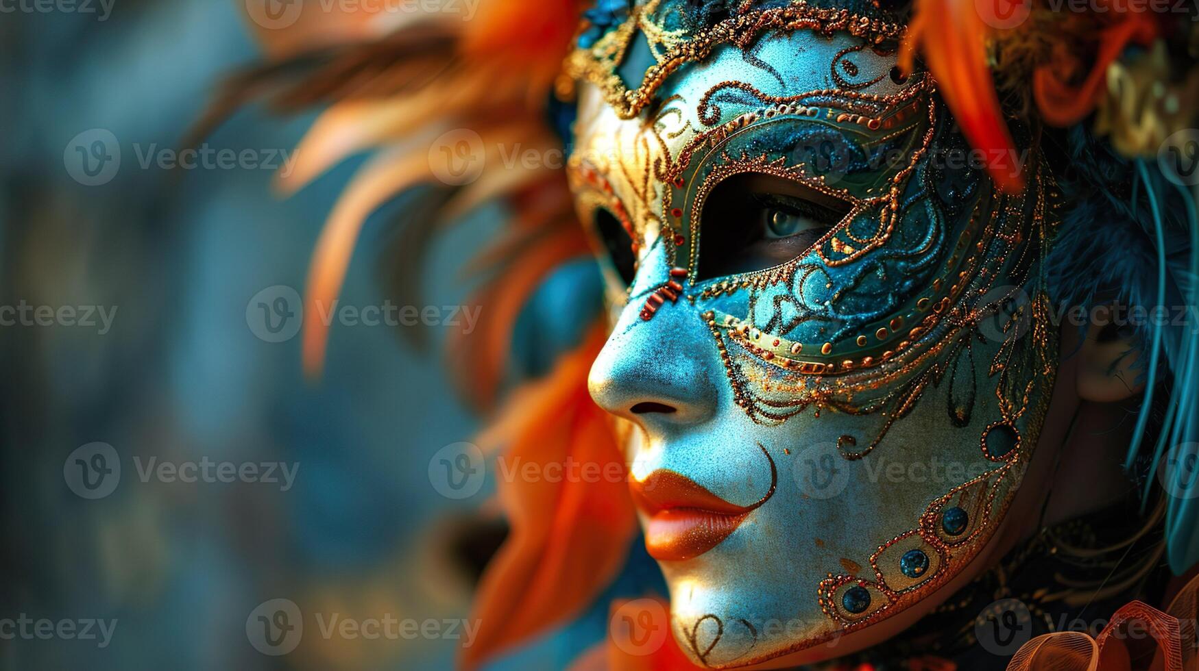ai généré magnifique Jeune femme dans une carnaval mascarade parade masque sur une flou foncé bleu Contexte avec bokeh lumières. photo