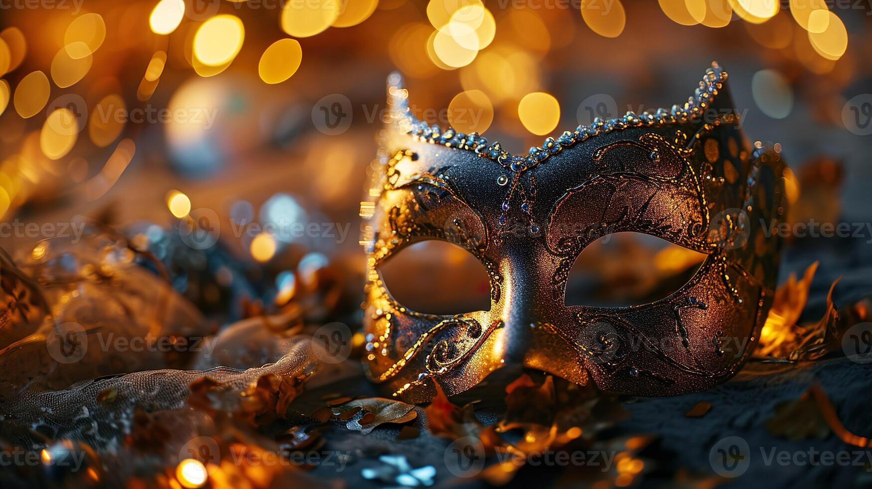 ai généré d'or vénitien carnaval mascarade parade masque sur flou foncé bleu Contexte avec Orange lumières. copie espace. pour costume Festival fête, invitation, promotion. photo