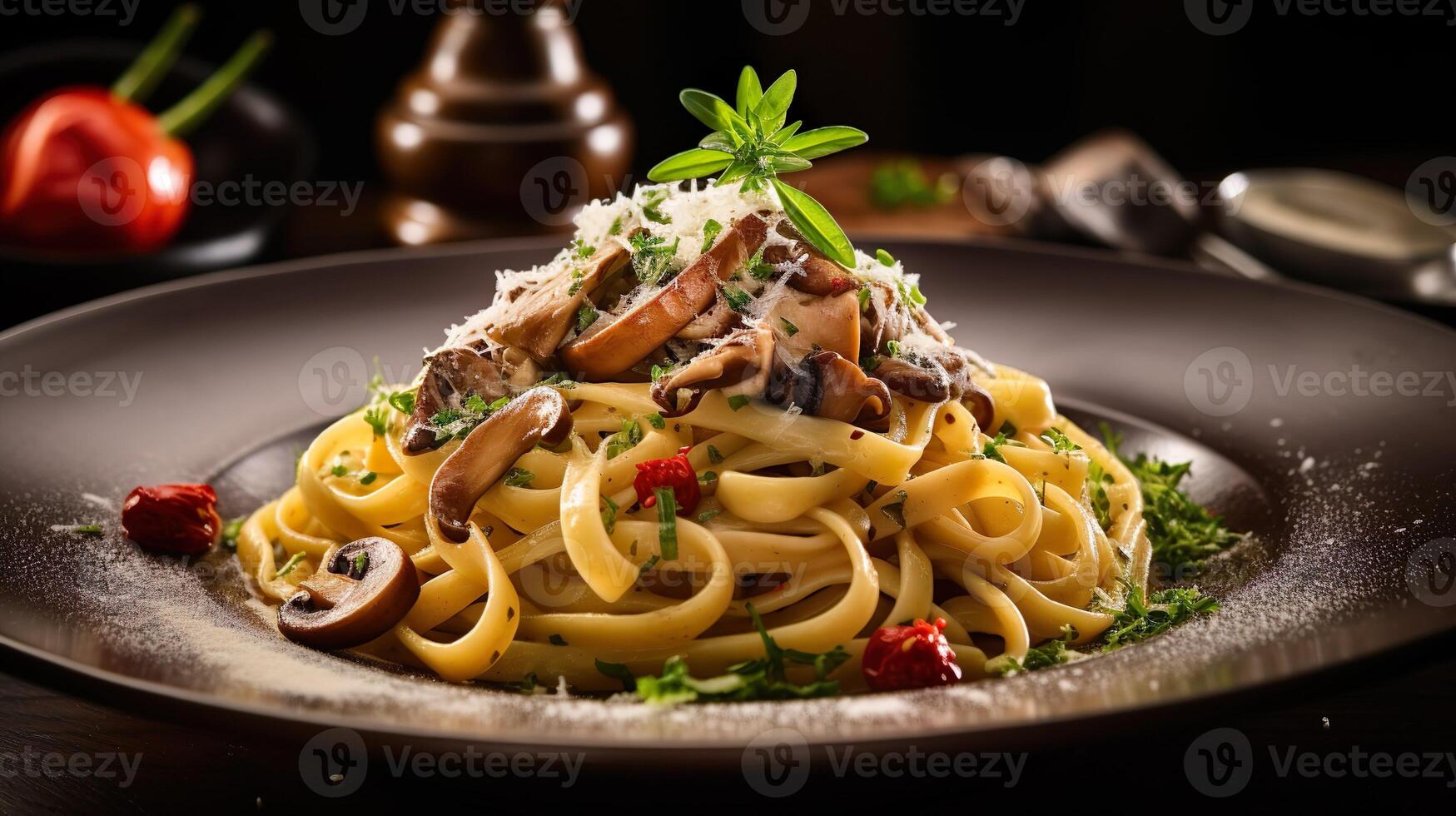 ai généré Pâtes avec champignons, tomates décoré avec persil basilic. portion fantaisie italien cuisine nourriture dans une restaurant. photo