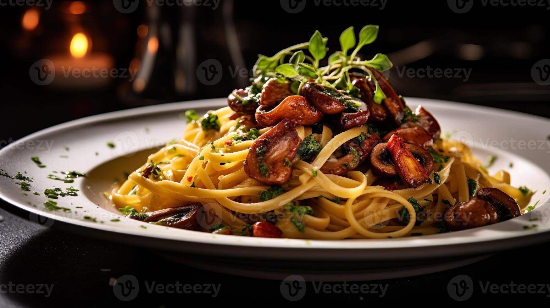 ai généré italien Pâtes avec champignons, tomates décoré avec persil basilic. portion fantaisie végétarien nourriture dans une restaurant. photo