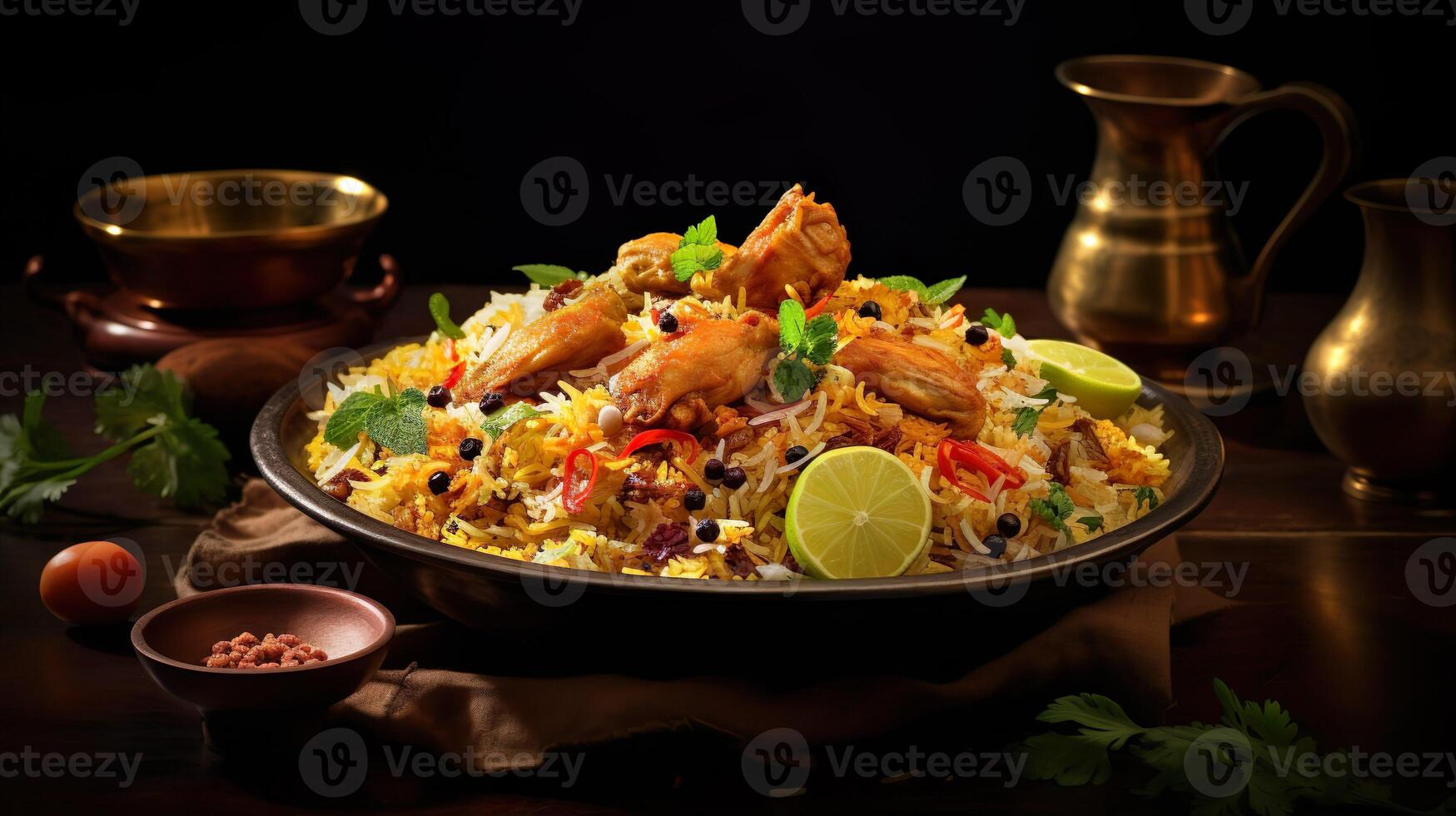 ai généré proche en haut de riz poulet biryani, épicé curry et aromatique les saveurs, authentique Indien nourriture, portion fantaisie nourriture dans une restaurant. photo