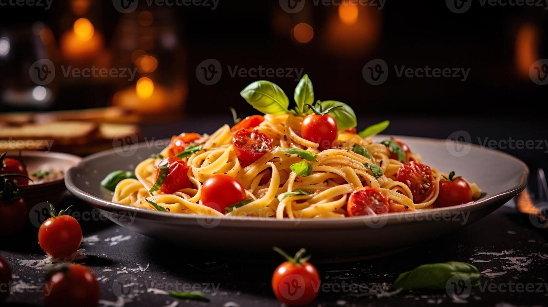 ai généré spaghetti, Pâtes avec tomate sauce, tomates décoré avec persil basilic. portion fantaisie italien nourriture dans une restaurant. photo