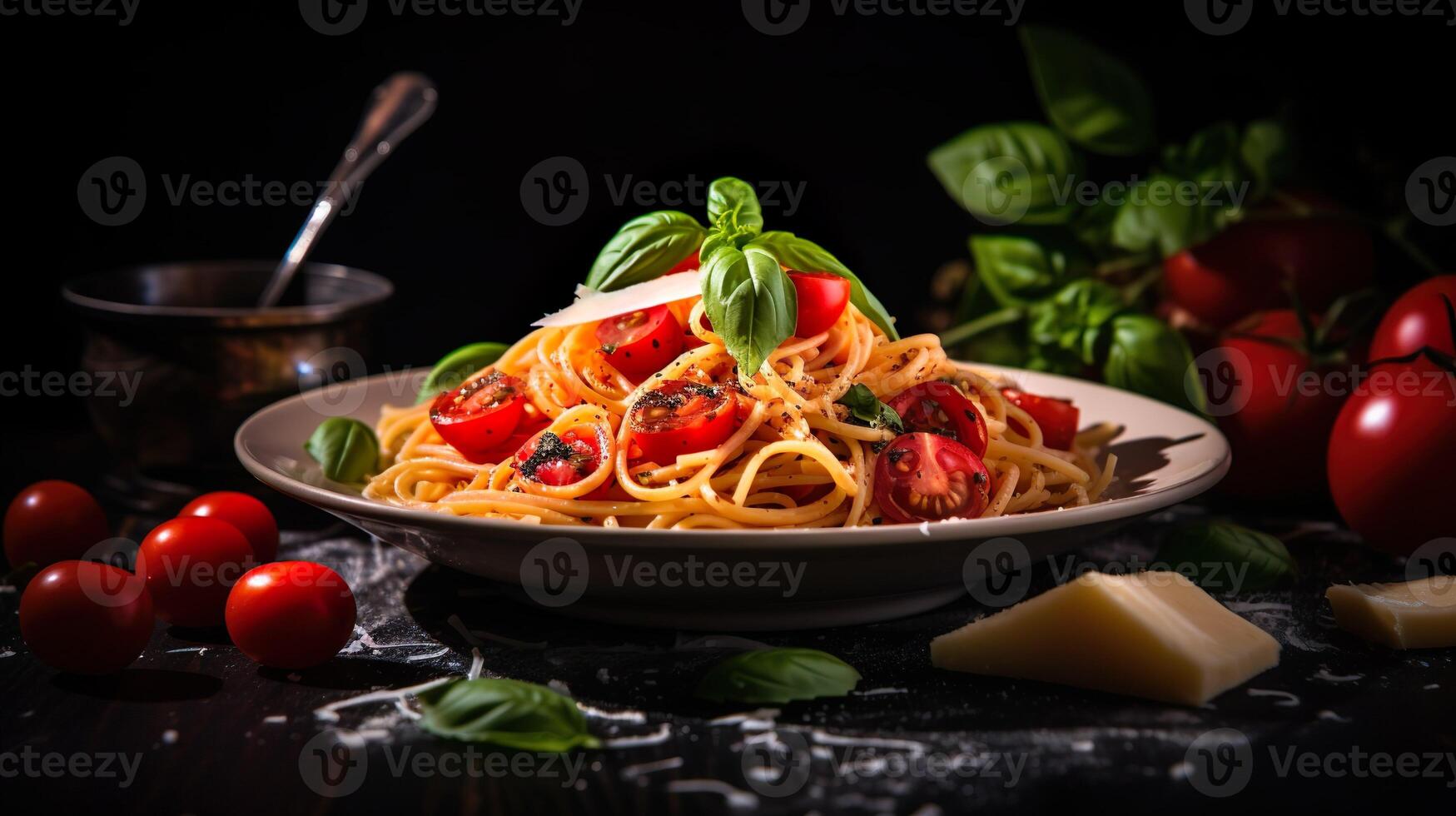 ai généré spaghetti, Pâtes avec tomate sauce, tomates décoré avec persil basilic. portion fantaisie italien nourriture dans une restaurant. photo