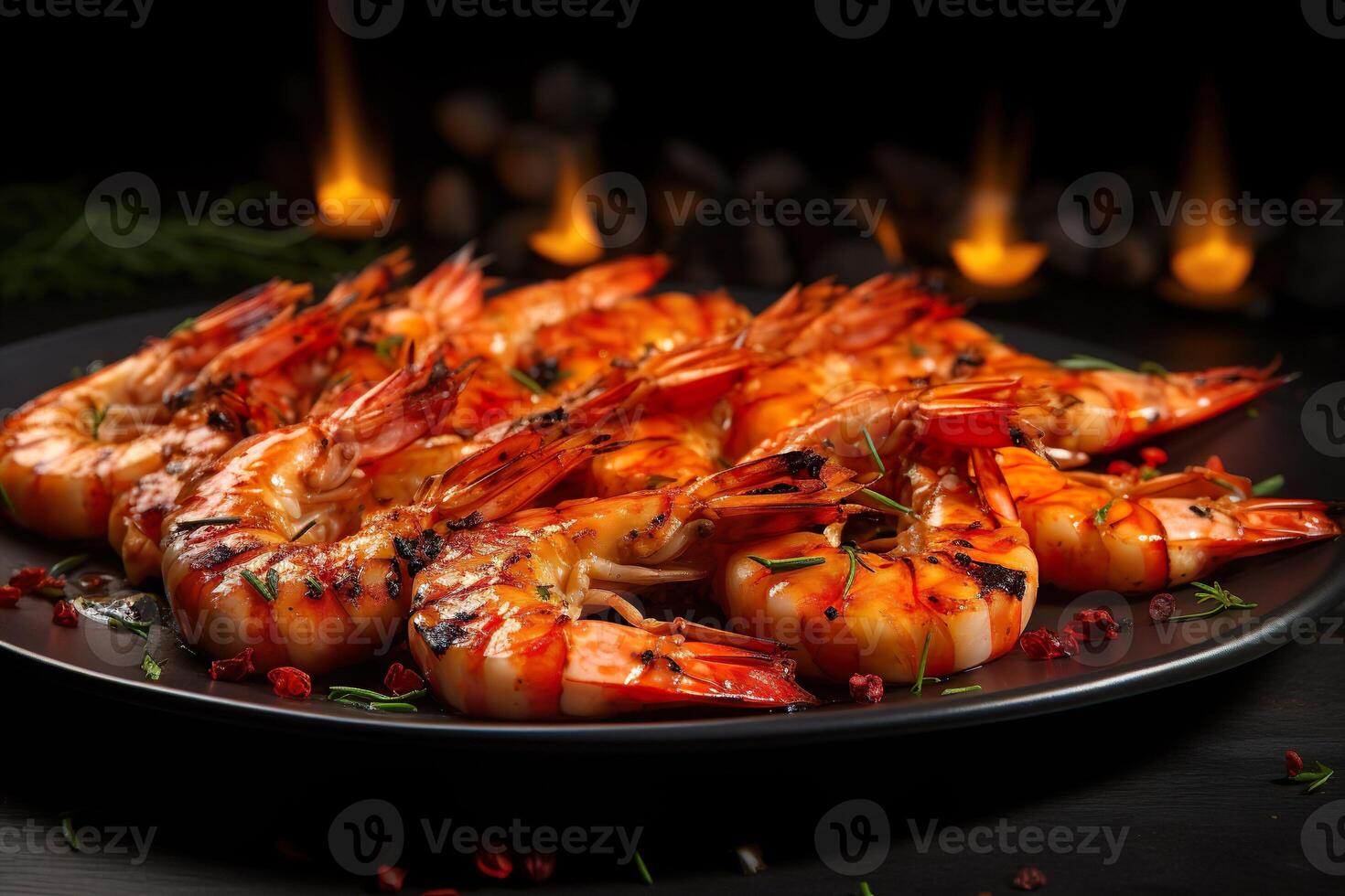 ai généré proche en haut de gourmet grillé Roi crevettes. Fruit de mer dans une restaurant menu. photo