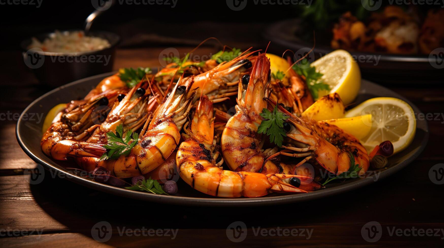 ai généré proche en haut de gourmet grillé Roi crevettes. Fruit de mer dans une restaurant menu. photo