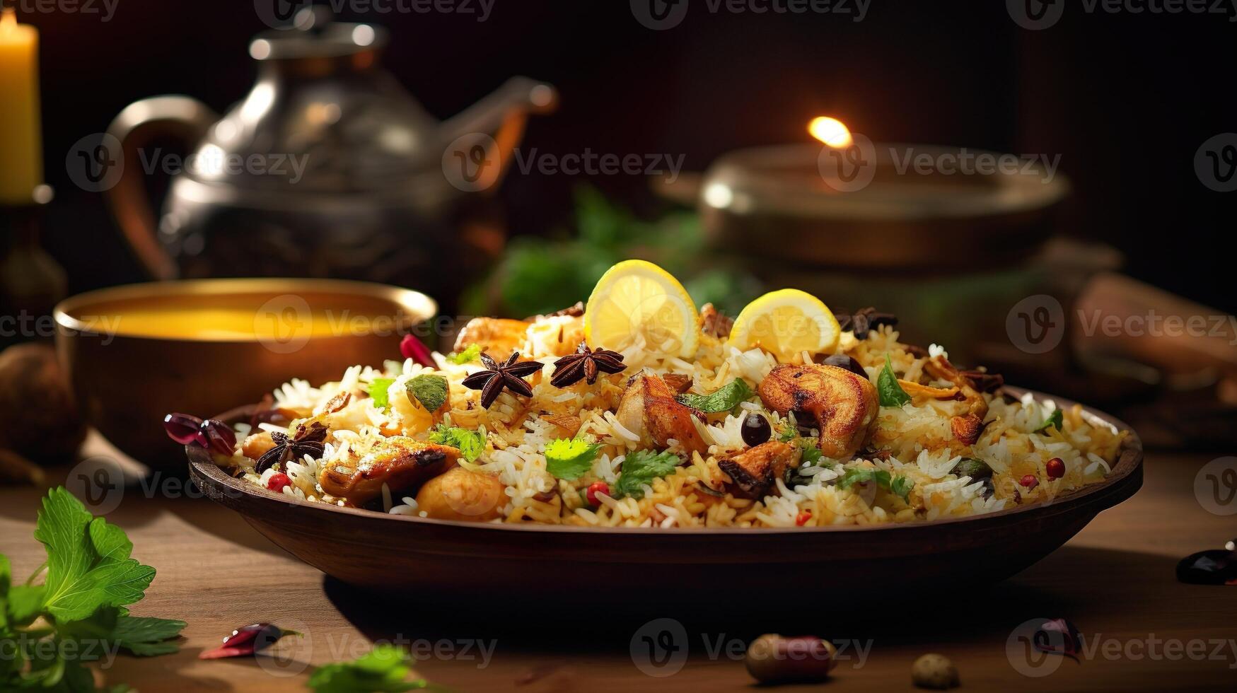 ai généré proche en haut de riz poulet biryani, épicé curry et aromatique les saveurs, authentique Indien nourriture, portion fantaisie nourriture dans une restaurant. photo