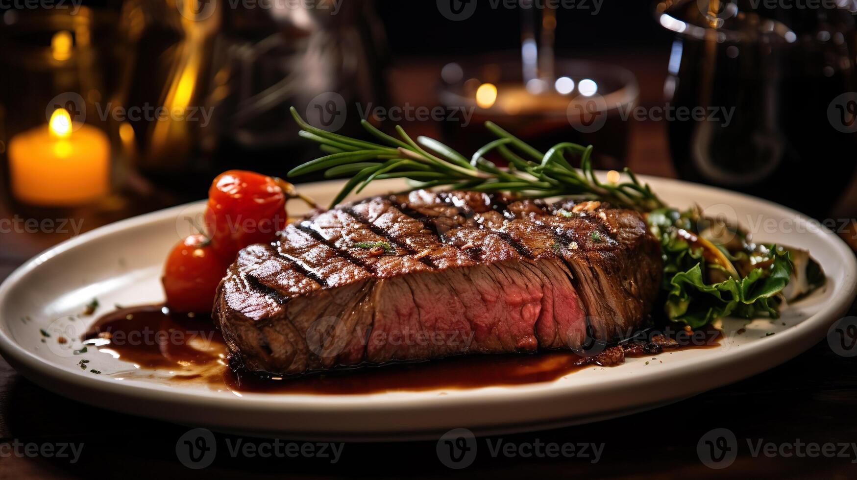 ai généré tranché grillé Viande steak servi sur une plat et jumelé avec rôti des légumes. portion fantaisie nourriture dans une restaurant. photo