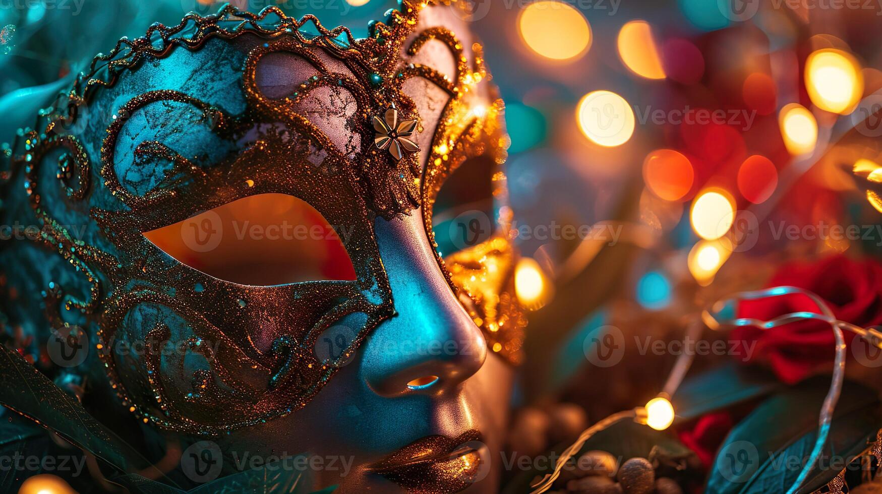 ai généré carnaval mascarade parade masque sur flou foncé bleu Contexte avec bokeh lumières et guirlandes. copie espace. pour vénitien costume Festival fête, invitation, promotion. photo