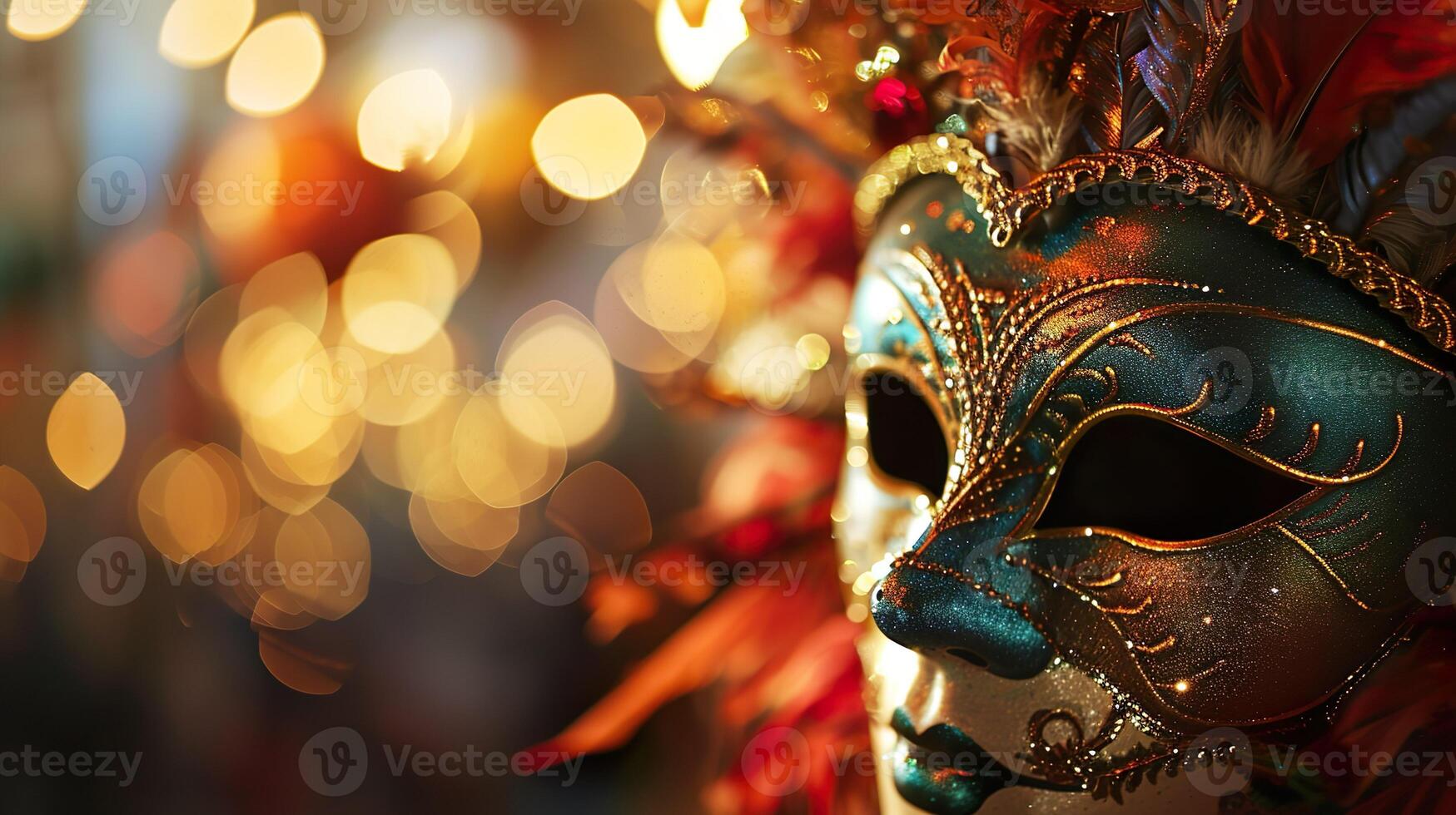 ai généré coloré carnaval mascarade parade masque sur flou foncé bleu Contexte avec bokeh lumières. copie espace. pour vénitien costume Festival fête, invitation, promotion. photo