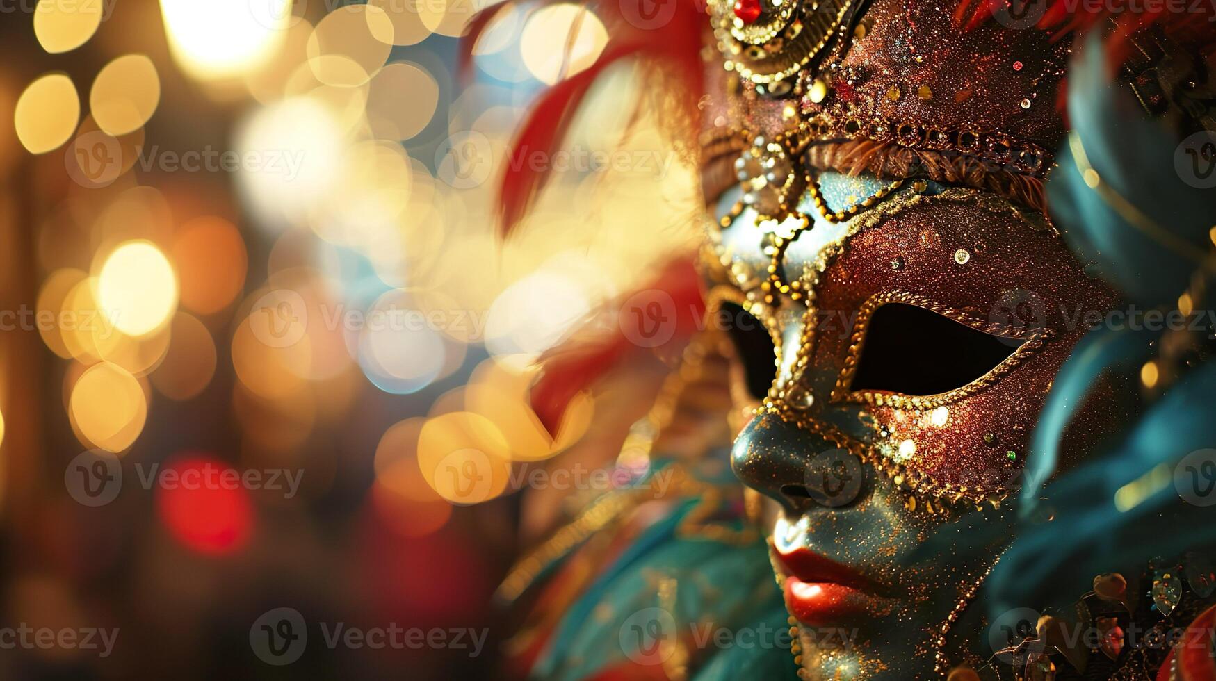 ai généré coloré carnaval mascarade parade masque sur flou foncé bleu Contexte avec bokeh lumières. copie espace. pour vénitien costume Festival fête, invitation, promotion. photo