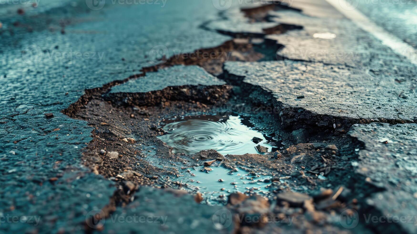 ai généré endommagé américain route surface avec Profond nid-de-poule. ruiné rue dans urgent avoir besoin de réparation photo