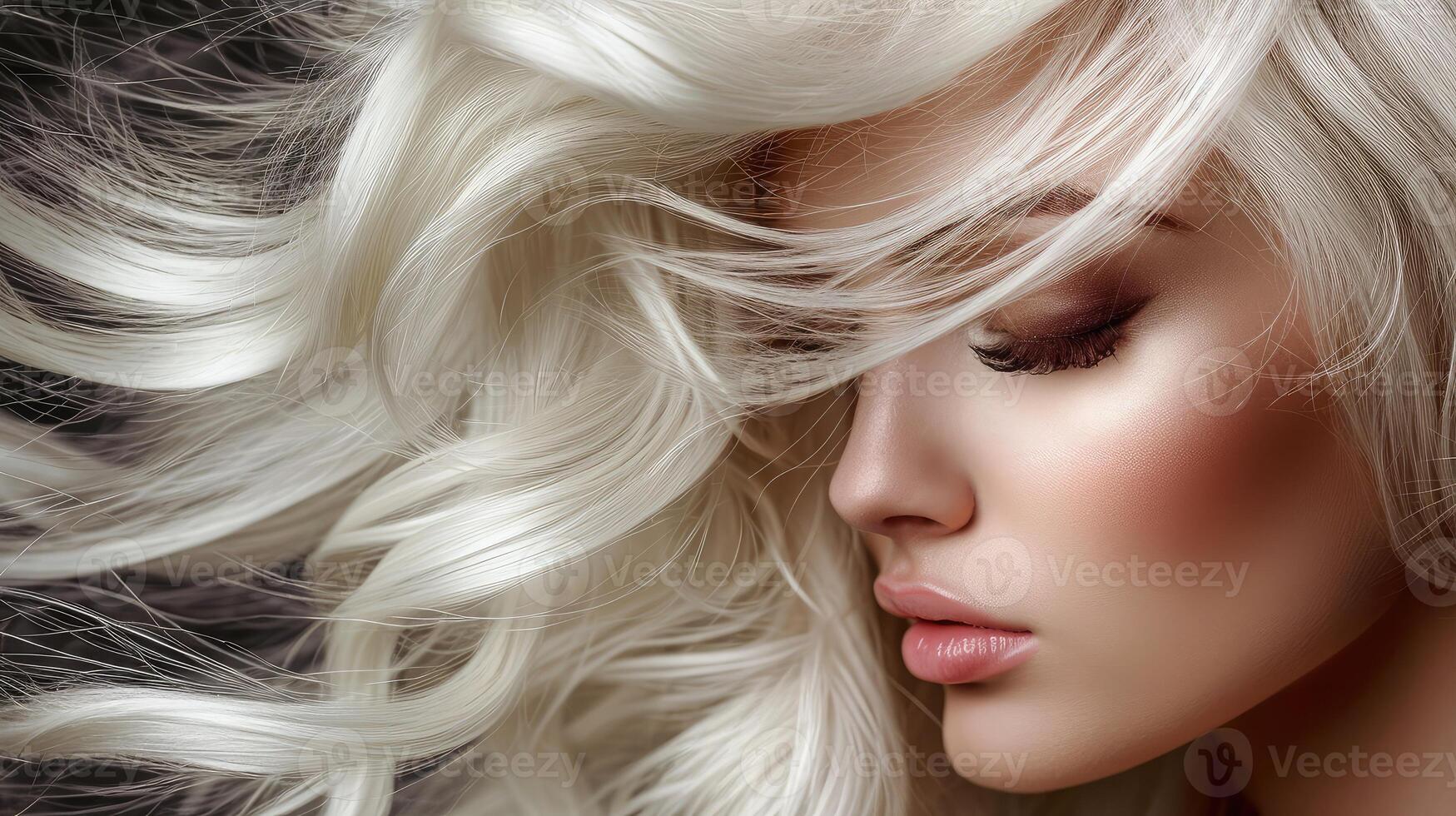 ai généré magnifique fille avec cheveux coloration dans ultra blond. élégant coiffure terminé dans une beauté salon. mode, produits de beauté et maquillage photo