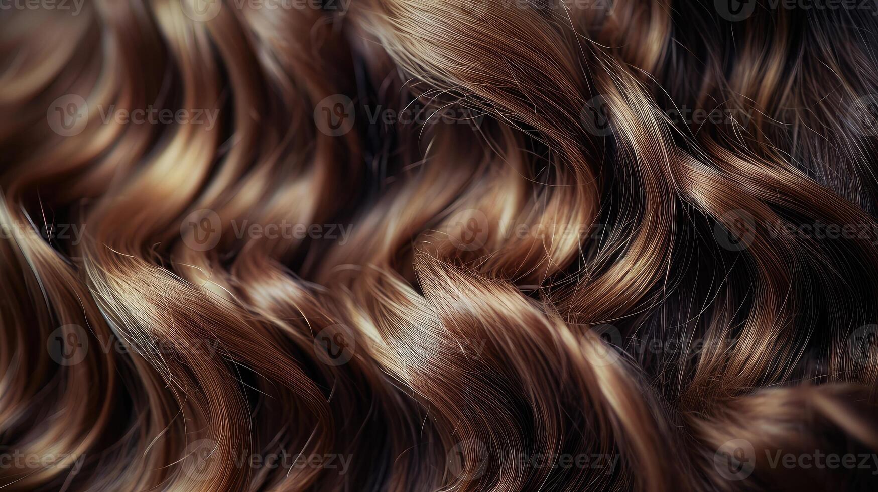 ai généré fermer vue de une bouquet de brillant boucles marron cheveux. photo