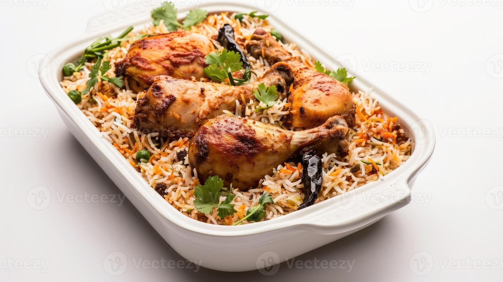 ai généré poulet biryani , Kerala style poulet dhum biriyani fabriqué en utilisant Jeera riz et épices arrangé dans une blanc céramique table vaisselle avec blanc Contexte photo