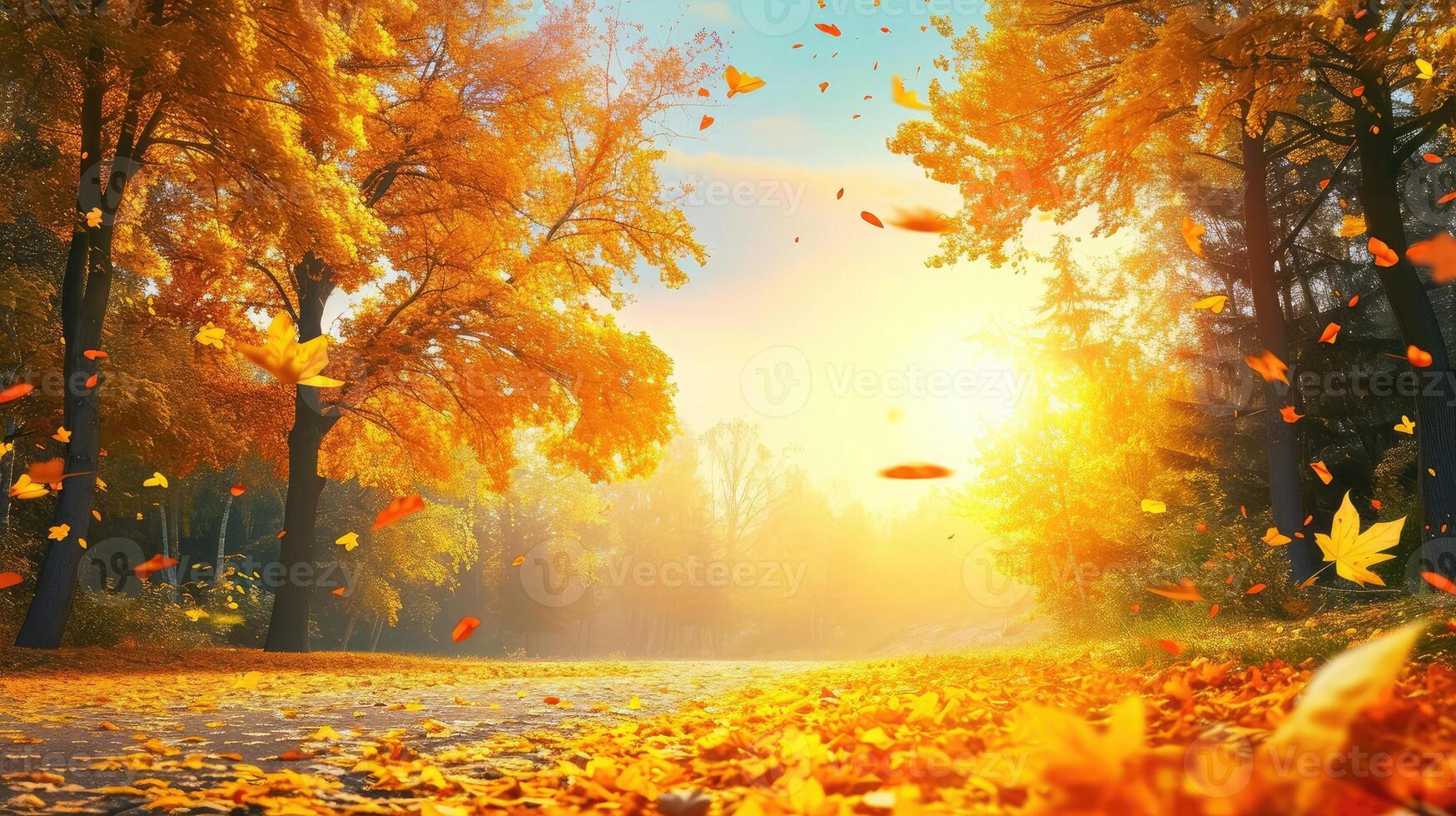 ai généré magnifique l'automne paysage avec Jaune des arbres et Soleil. coloré feuillage dans le parc. chute feuilles Naturel Contexte photo