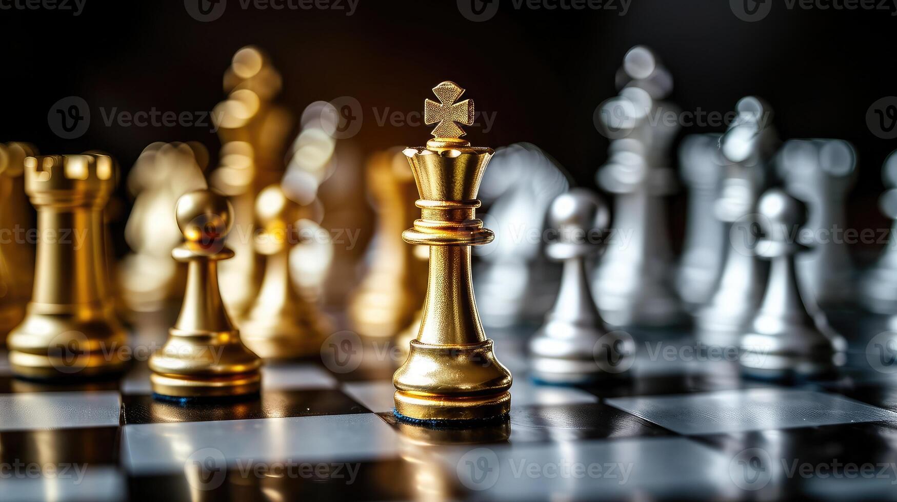 ai généré Roi d'or échecs permanent affronter de le argent échecs équipe à défi concepts de direction et affaires stratégie la gestion et direction photo