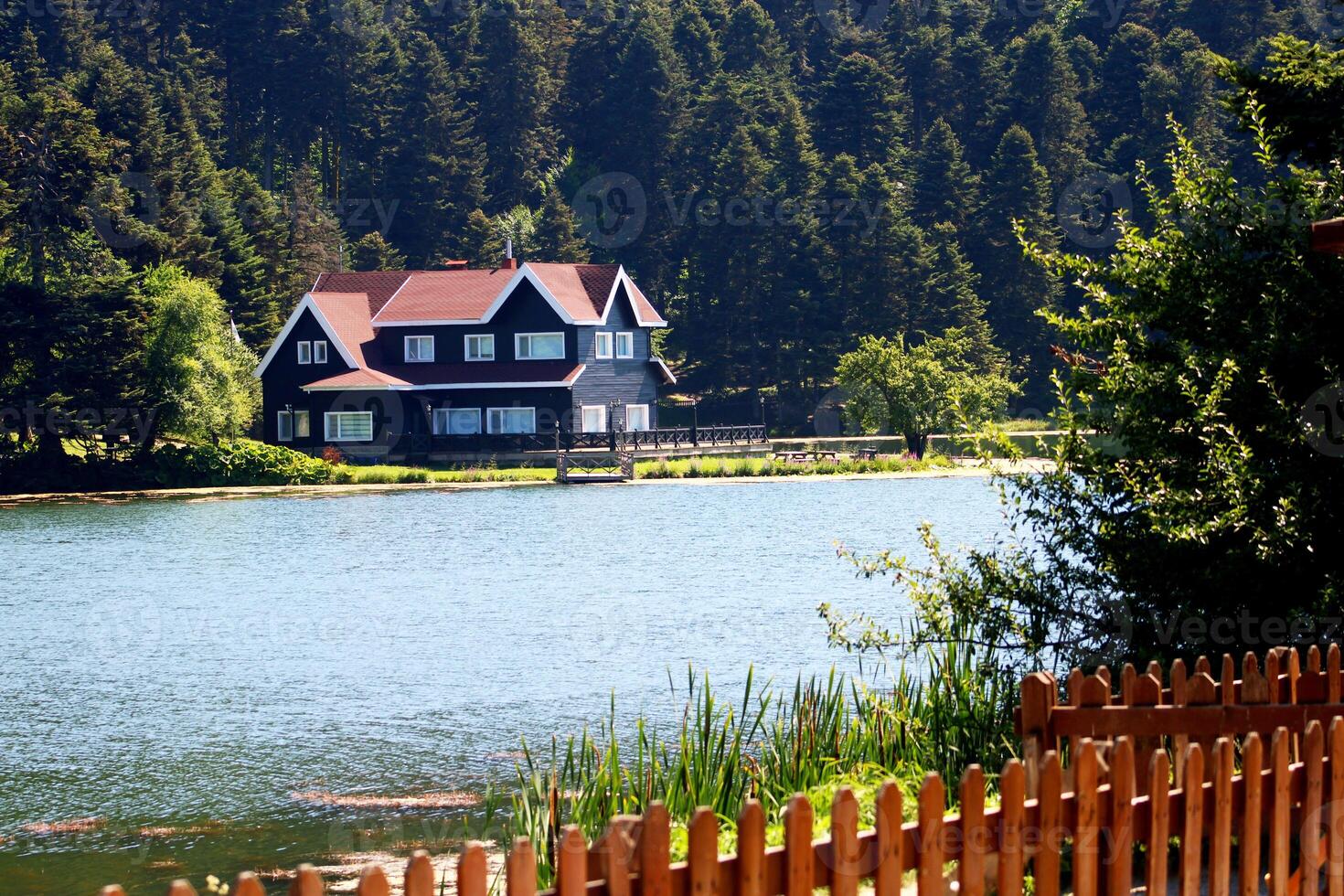 maison sur le rive de lac. réfléchi sur l'eau. pays côté, forêt, ferme champ, Lac avec maison. bolu, dinde photo