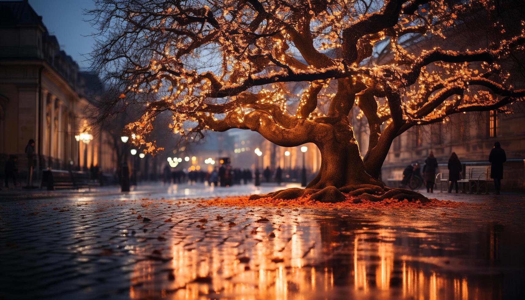 ai généré ville la vie illuminé par rue lumières à crépuscule généré par ai photo