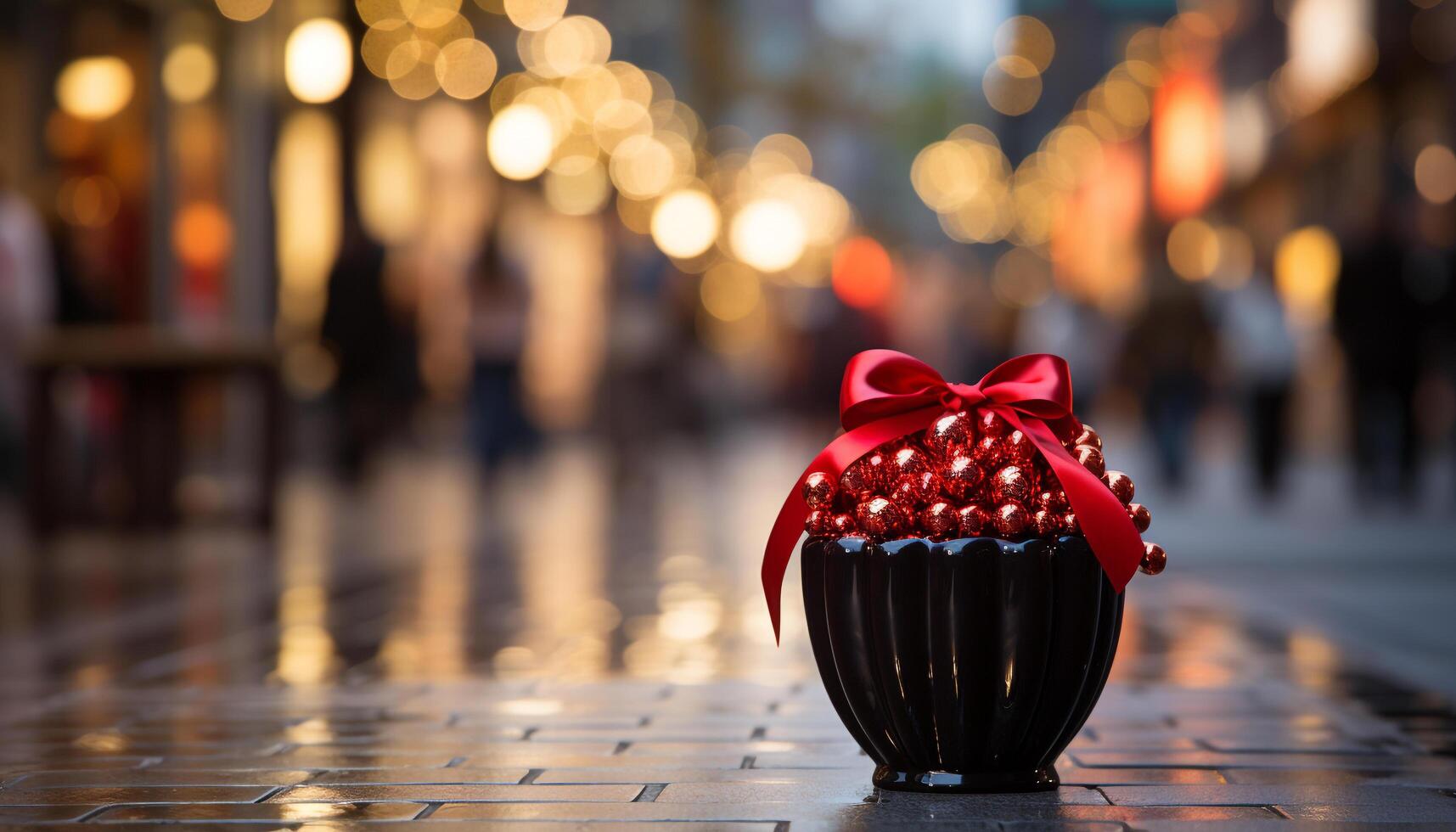 ai généré brillant cadeau boîte sur bois tableau, illuminé fête généré par ai photo