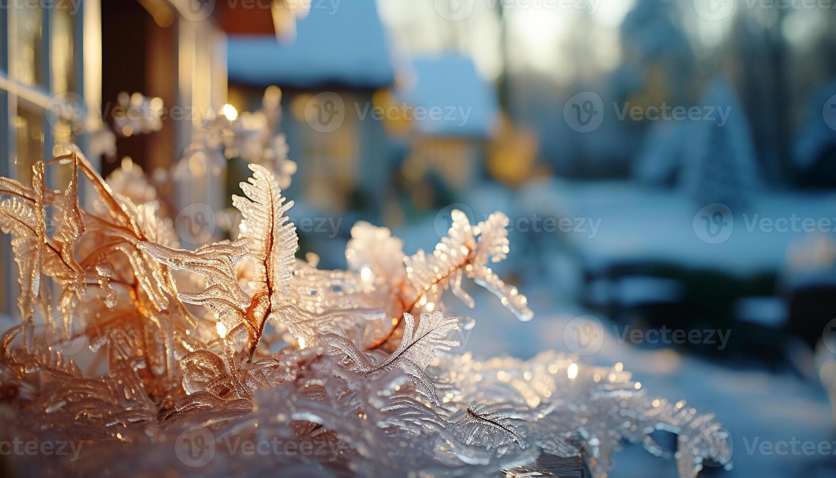 ai généré neige couvert arbre branche scintille dans hiver lumière du soleil généré par ai photo