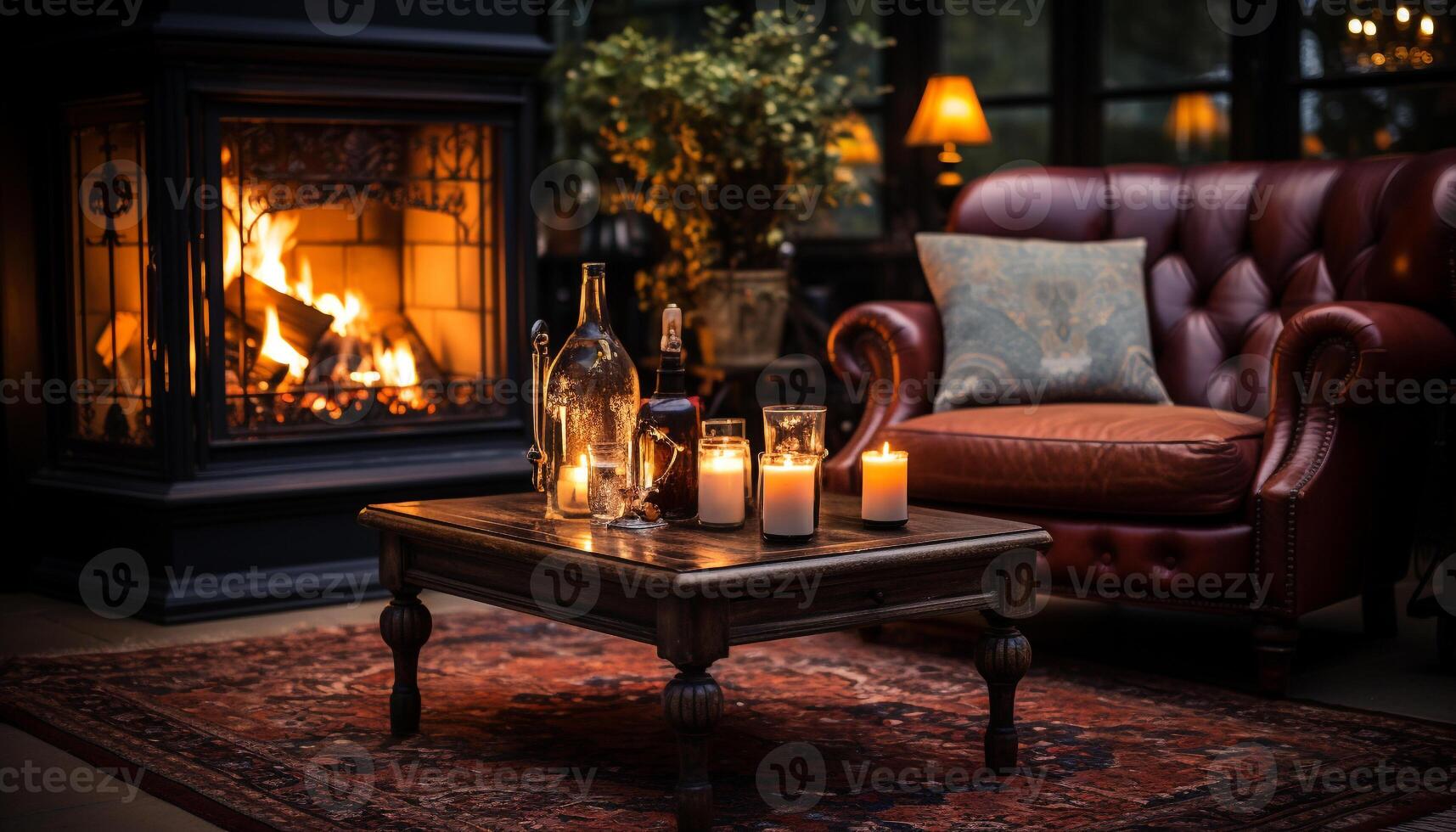 ai généré confortable vivant chambre, illuminé par aux chandelles et Feu généré par ai photo