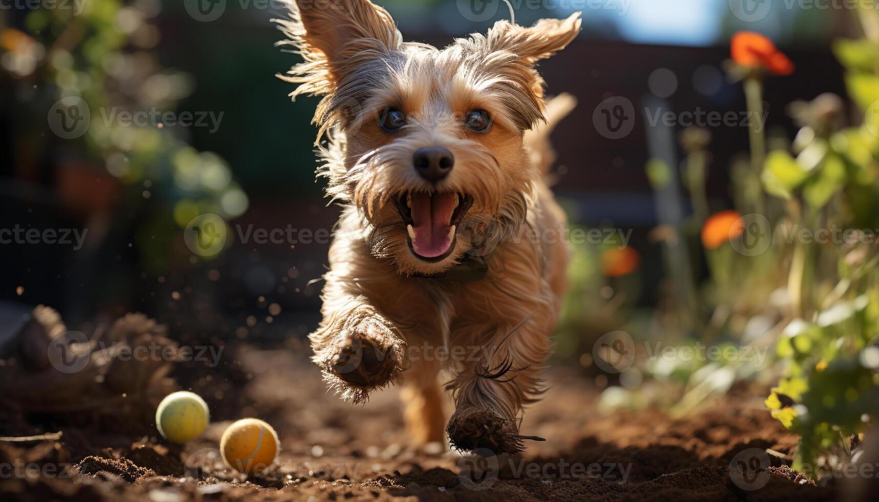 ai généré mignonne chiot en jouant en plein air, profiter le été généré par ai photo