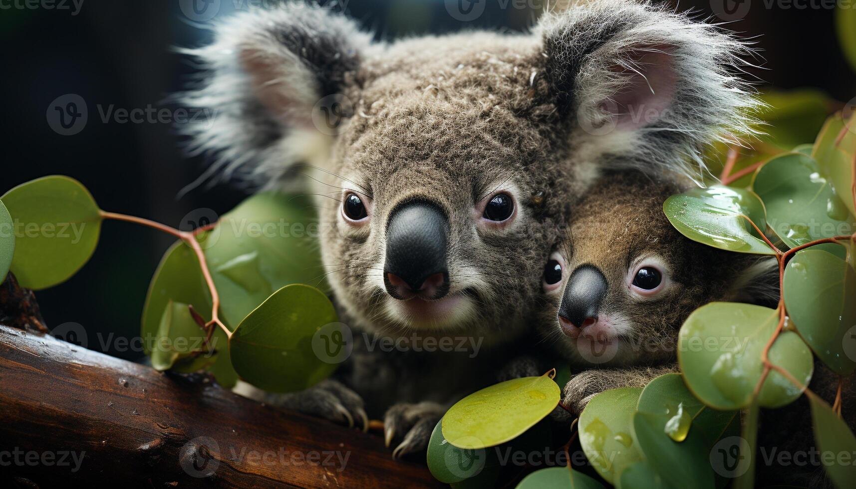ai généré mignonne koala séance sur bifurquer, à la recherche à caméra généré par ai photo