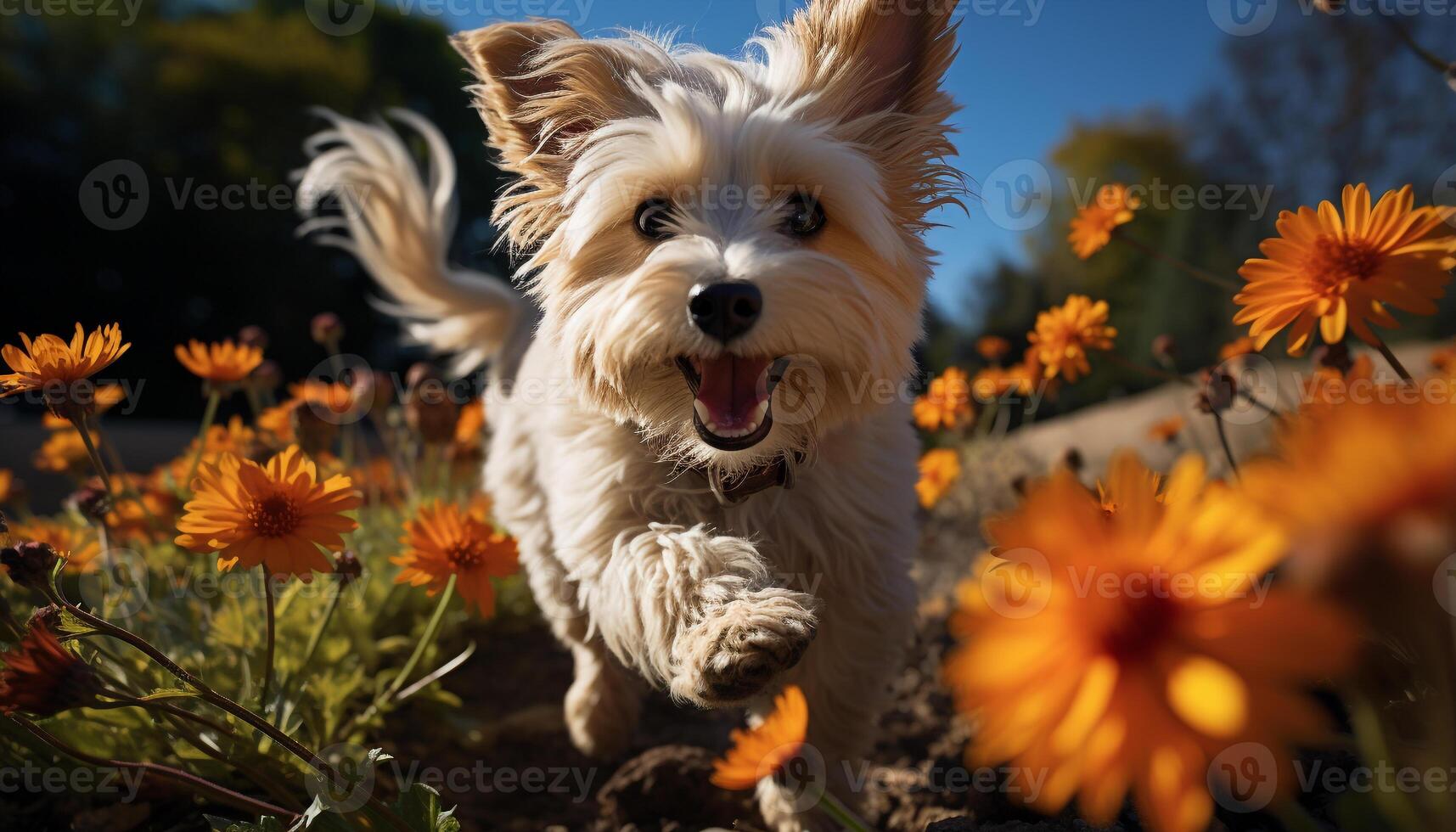 ai généré mignonne chiot en jouant dans le été Prairie généré par ai photo