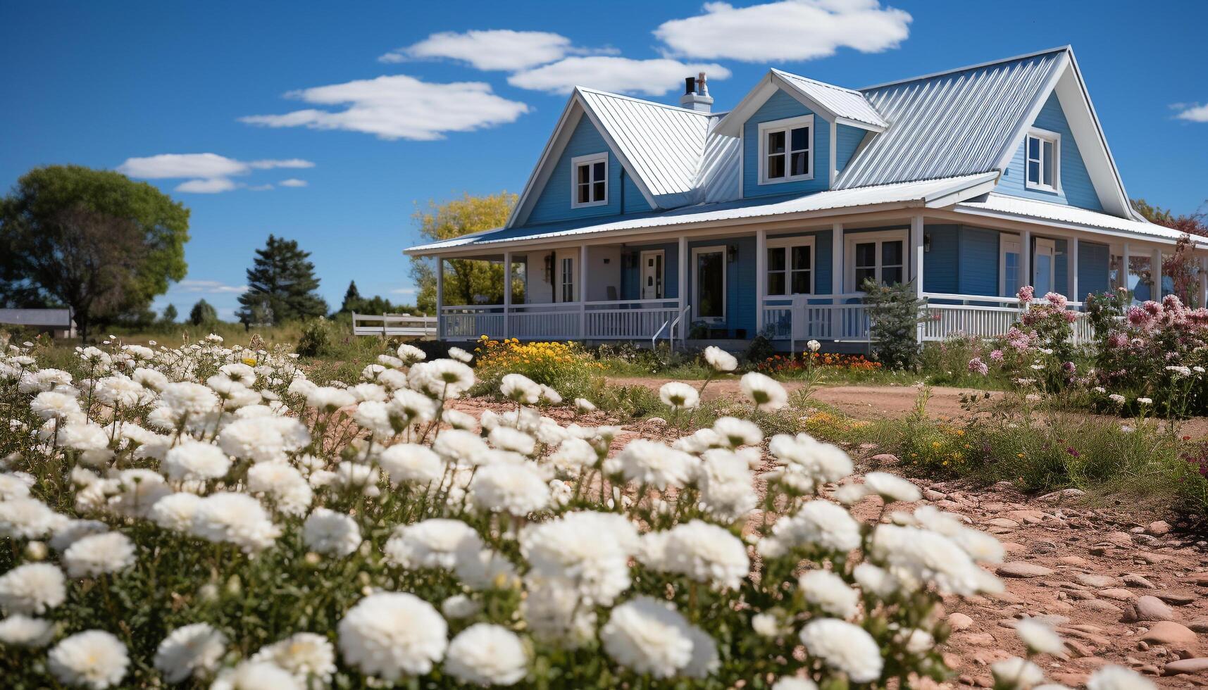 ai généré idyllique chalet entouré par luxuriant vert Prairie généré par ai photo