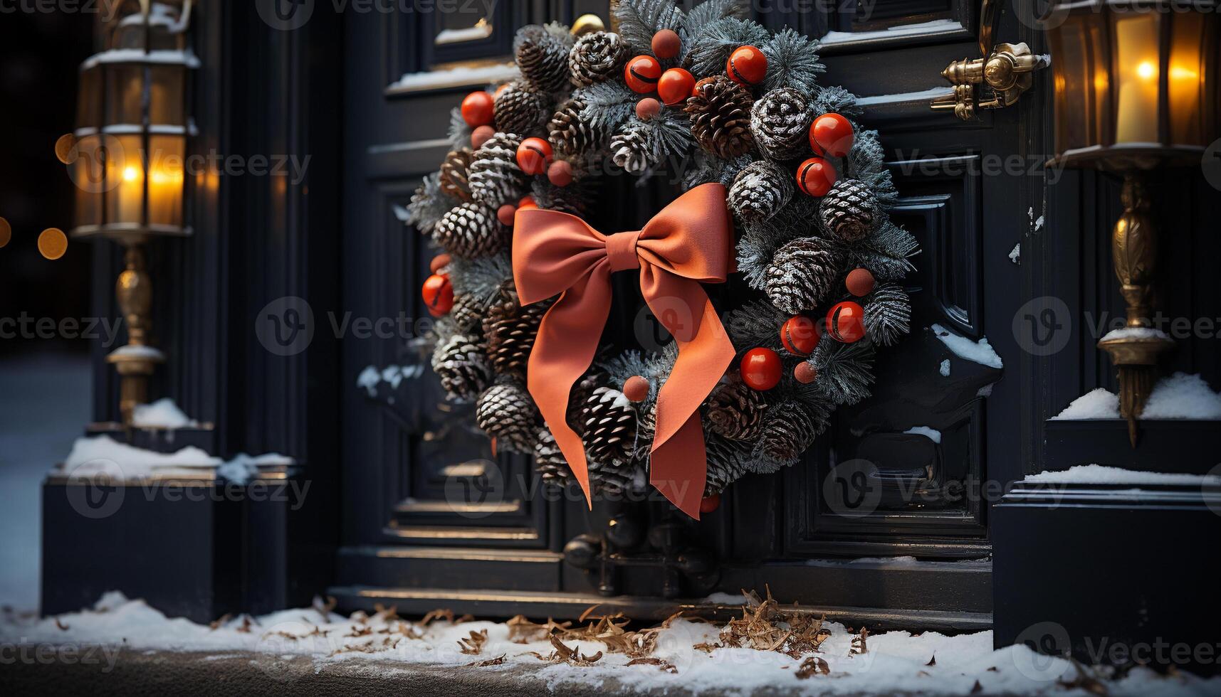 ai généré hiver fête neige, décoration, Noël ornement, cadeau, couronne généré par ai photo