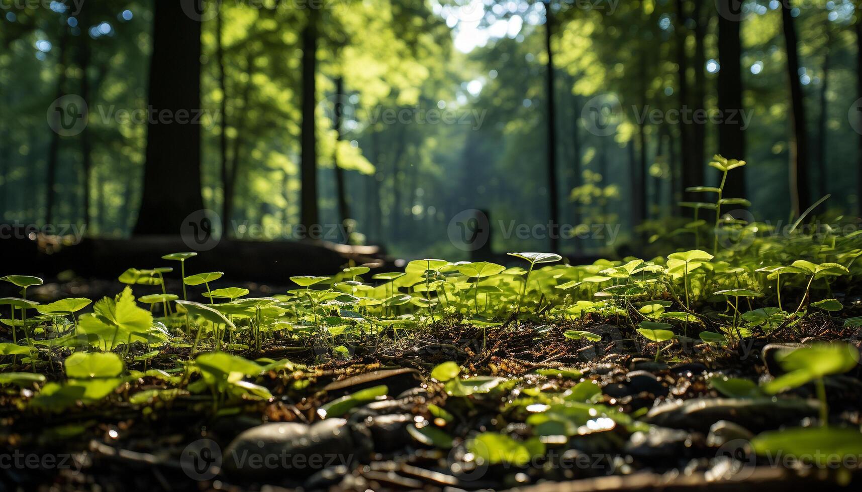 ai généré en marchant par le tranquille forêt, entouré par vert généré par ai photo