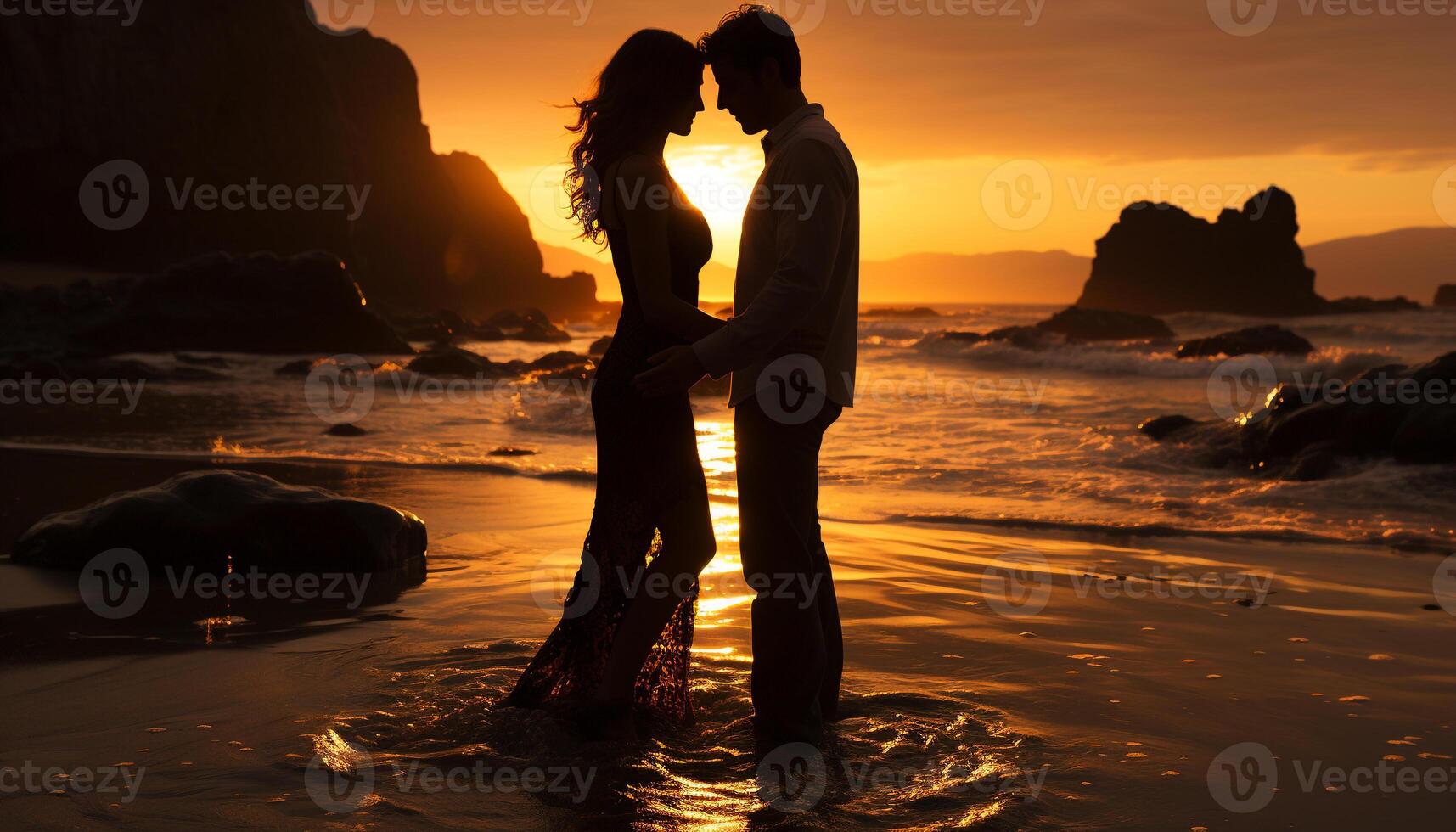 ai généré une couple embrasse à coucher de soleil, l'amour et bonheur rayonnant généré par ai photo