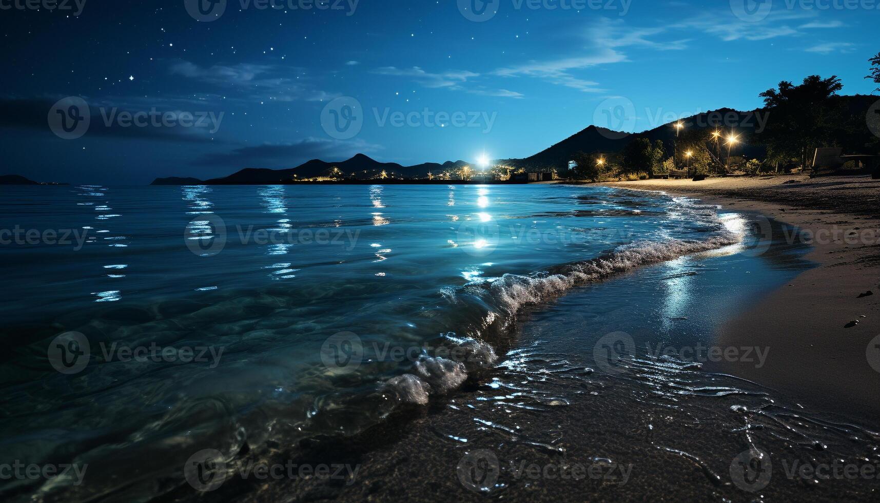 ai généré tranquille littoral à crépuscule, illuminé par le coucher du soleil généré par ai photo