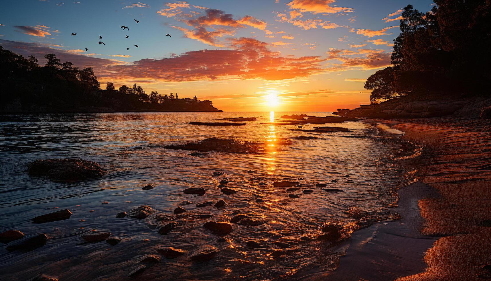 ai généré le coucher du soleil plus de le tranquille des eaux, la nature beauté généré par ai photo