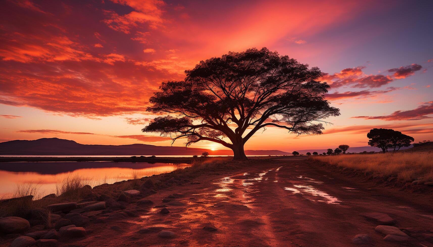 ai généré tranquille le coucher du soleil plus de montagnes, reflétant dans calme l'eau généré par ai photo