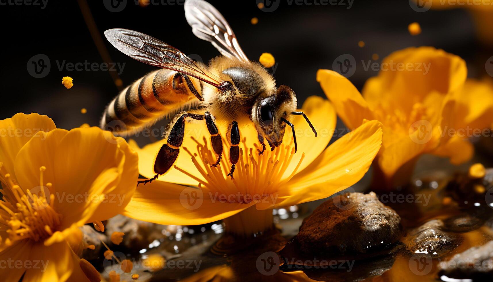 ai généré occupé abeille collecte pollen de Jaune fleur pétale généré par ai photo