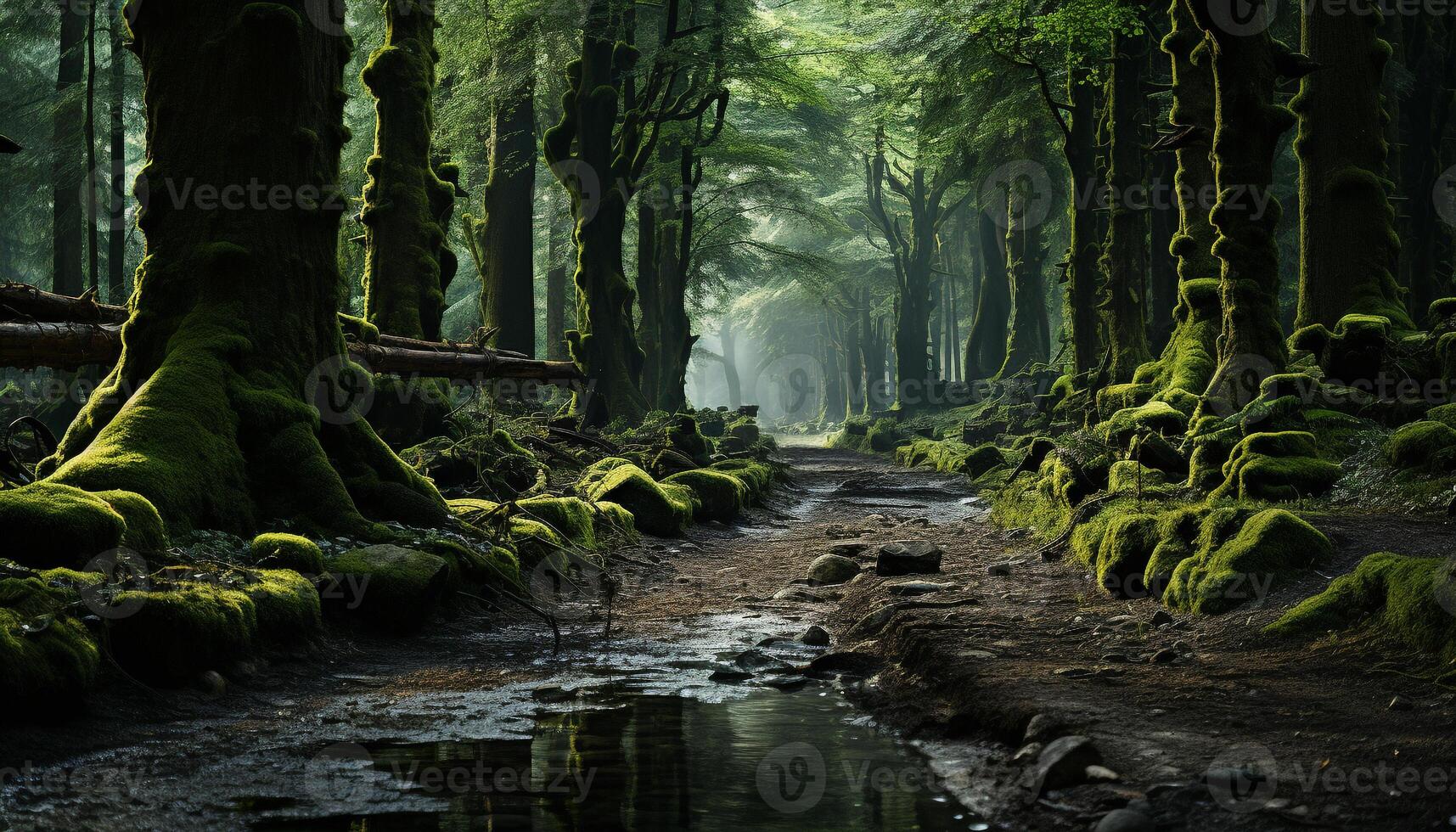 ai généré mystérieux forêt, tranquille scène, humide feuille, aventure généré par ai photo