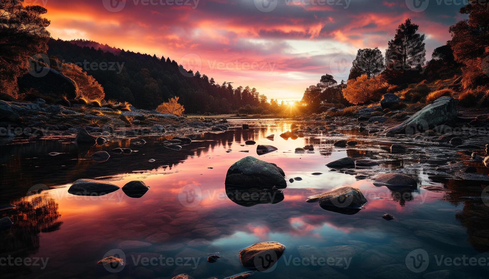 ai généré majestueux Montagne de pointe reflète tranquille le coucher du soleil plus de l'eau généré par ai photo