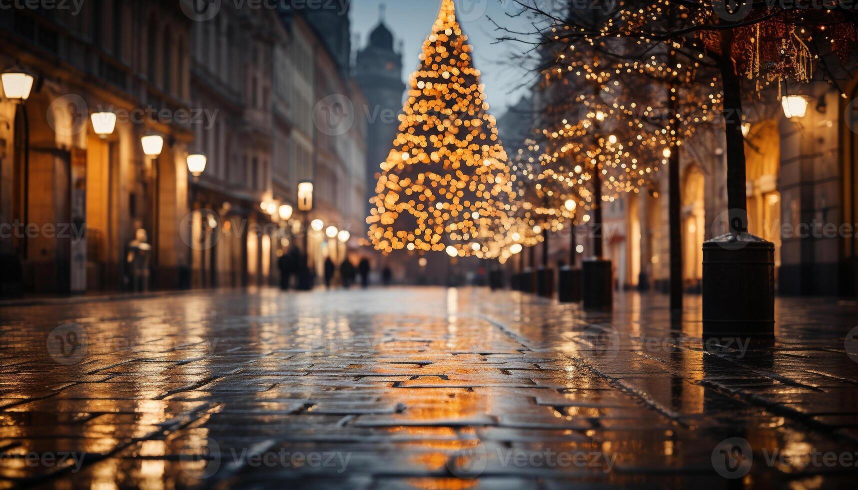 ai généré illuminé hiver arbre dans ville, embrasé avec Noël lumières généré par ai photo