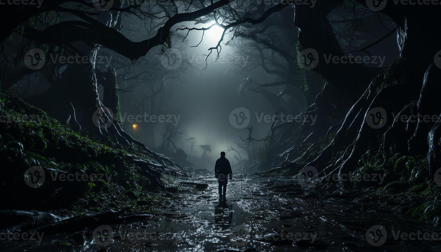 ai généré effrayant silhouette en marchant par foncé forêt à nuit généré par ai photo