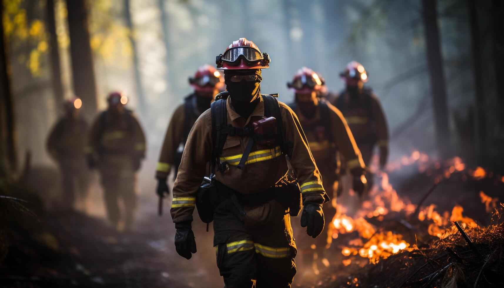 ai généré groupe de sapeurs pompiers travail ensemble à éteindre flammes généré par ai photo